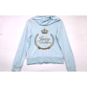 Vintage Y2K Juicy Couture Womens Blue Velour Zip-Up Hoodie Crown Logo Back Sz M